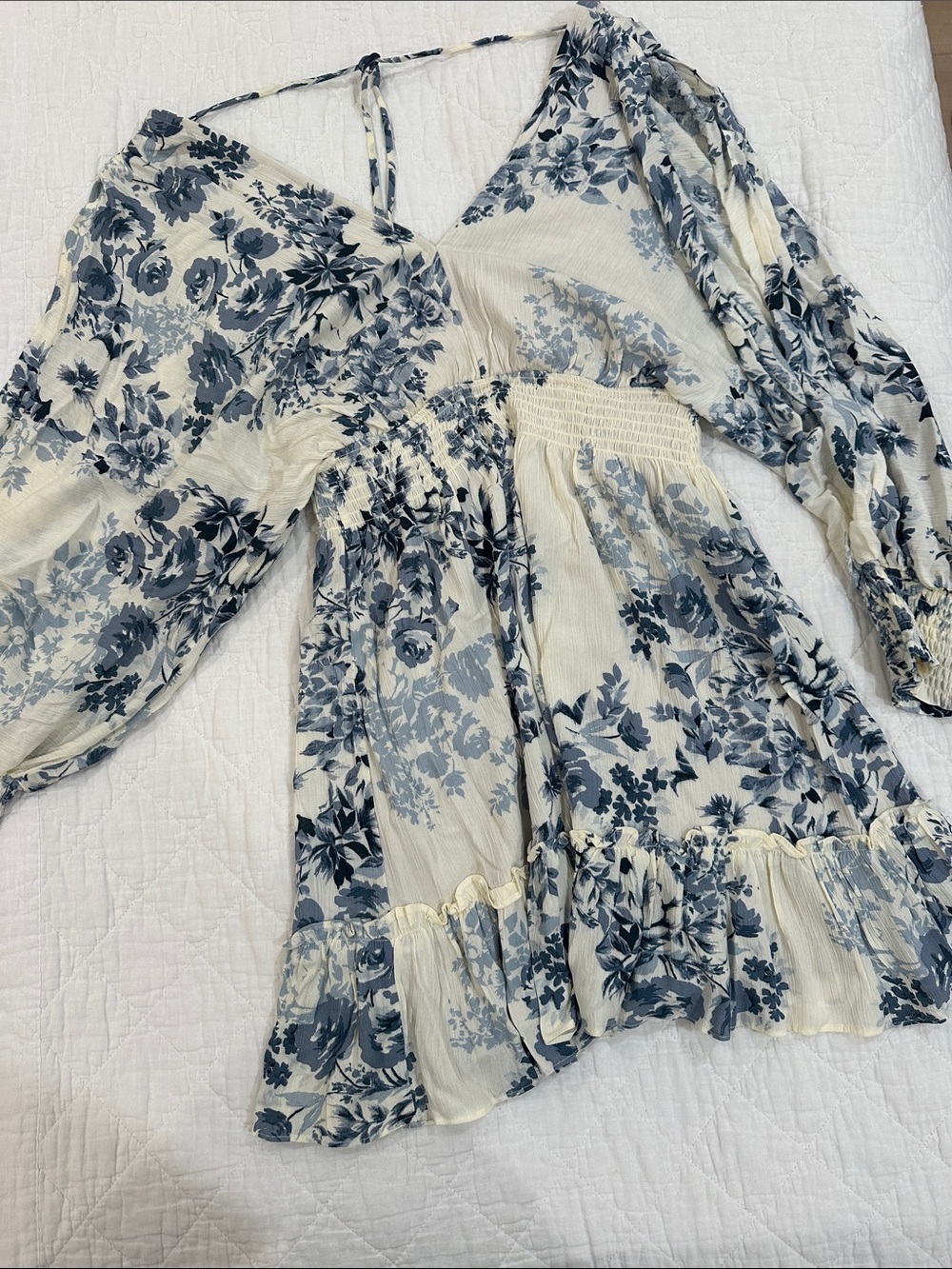 Blue Floral Cream Boho Smocked Waist Romper